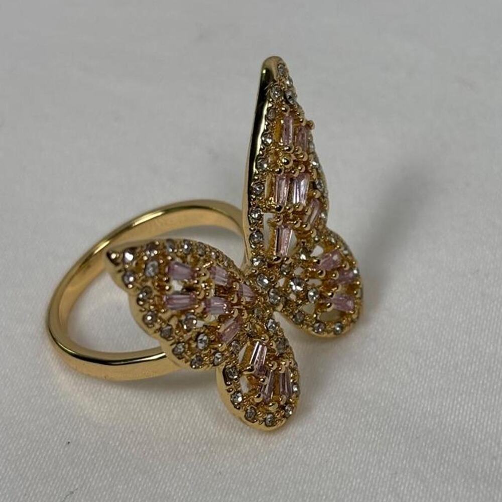 Gold butterfly adjustable ring with pink and white stones